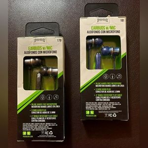 2 PUGS Earbuds w/ inline mic M-16181 Electric Blue and black 3.5mm audio plug